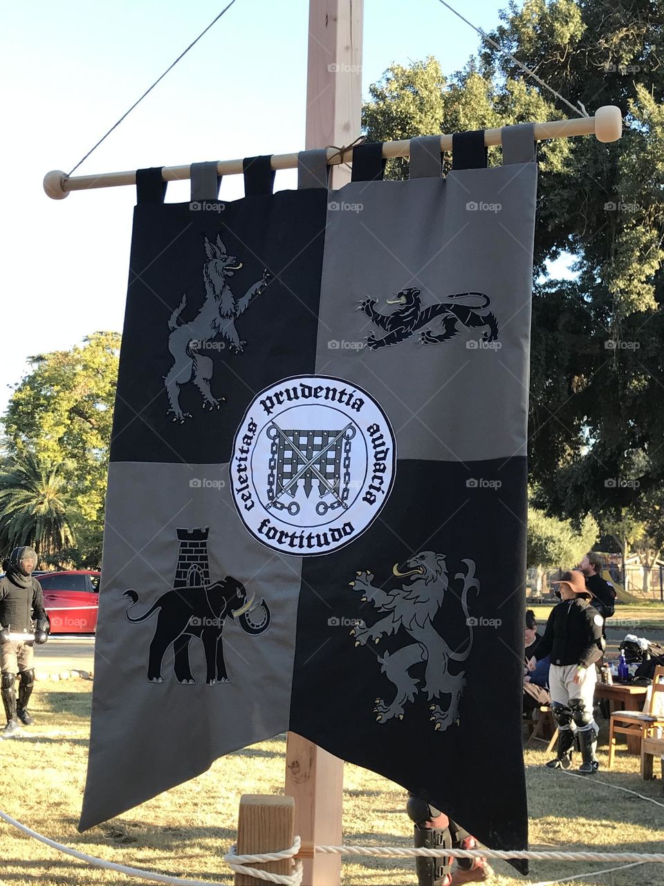 A vertical medieval banner symbolizing Iron Gate Martial Arts at the Renaissance Faire at Kearney Park.