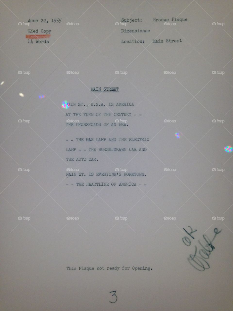 The final draft of a document at Disneyland. This artifact is located at the Walt Disney Family Museum in San Francisco, CA.