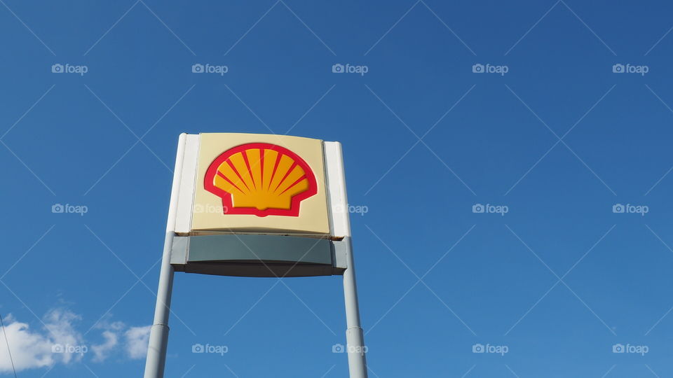 Shell gas station sign bi pole. Shell brand gas station sign garage fuel store self serve