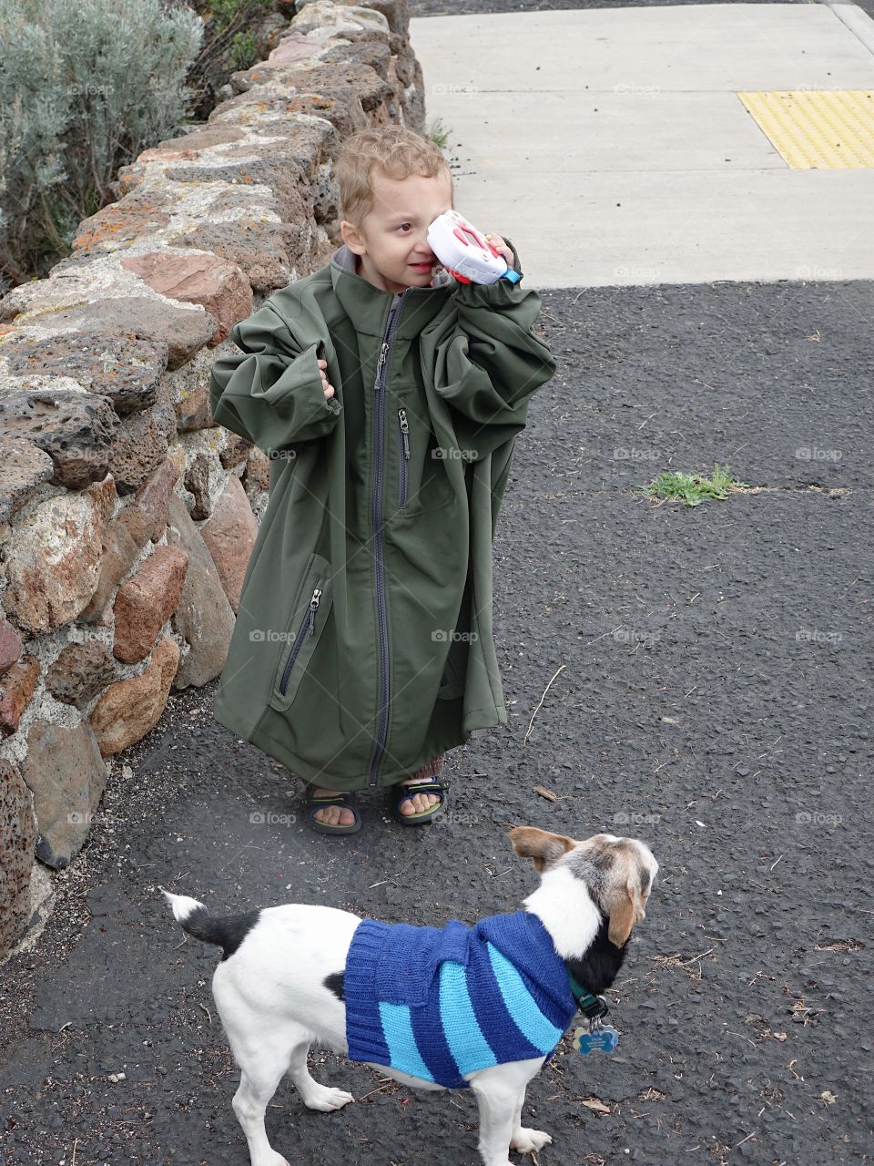 A cute little boy with his toy camera draped in an adult coat with his little Jack Russell Terrier adorned with a sweater in Central Oregon on a chilly spring day.