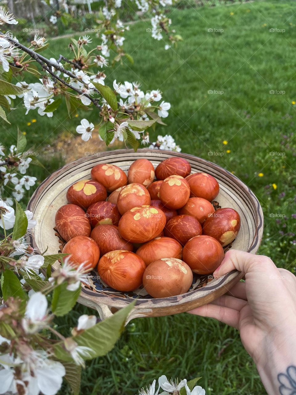 Easter eggs; a custom in Romania is to dye the eggs with natural colors like the skin on onions.