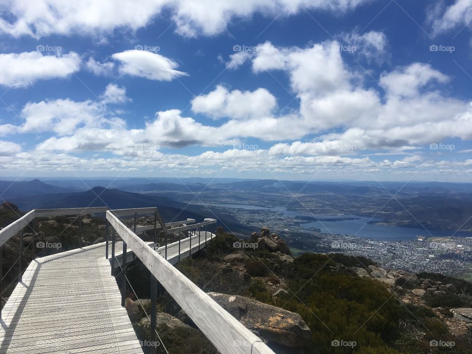Walkway Hobart mount Wellington on the top beautiful scenic view of the ocean city clouds sky water