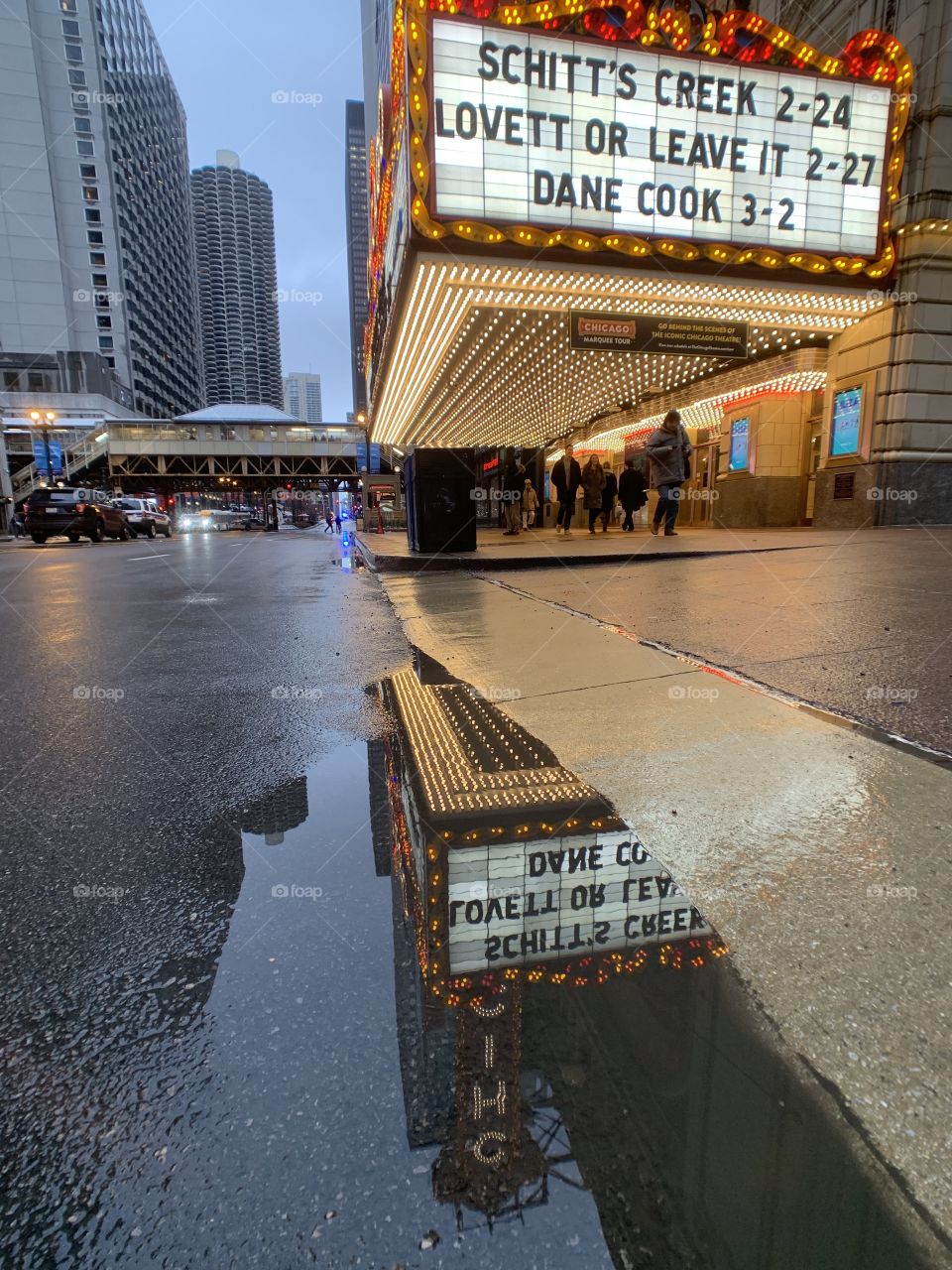 Chicago Theater sign reflecting in a puddle on February 20, 2019. Sign advertising Schitt’s Creek, Lovett or Leave It, and Dane Cook. 