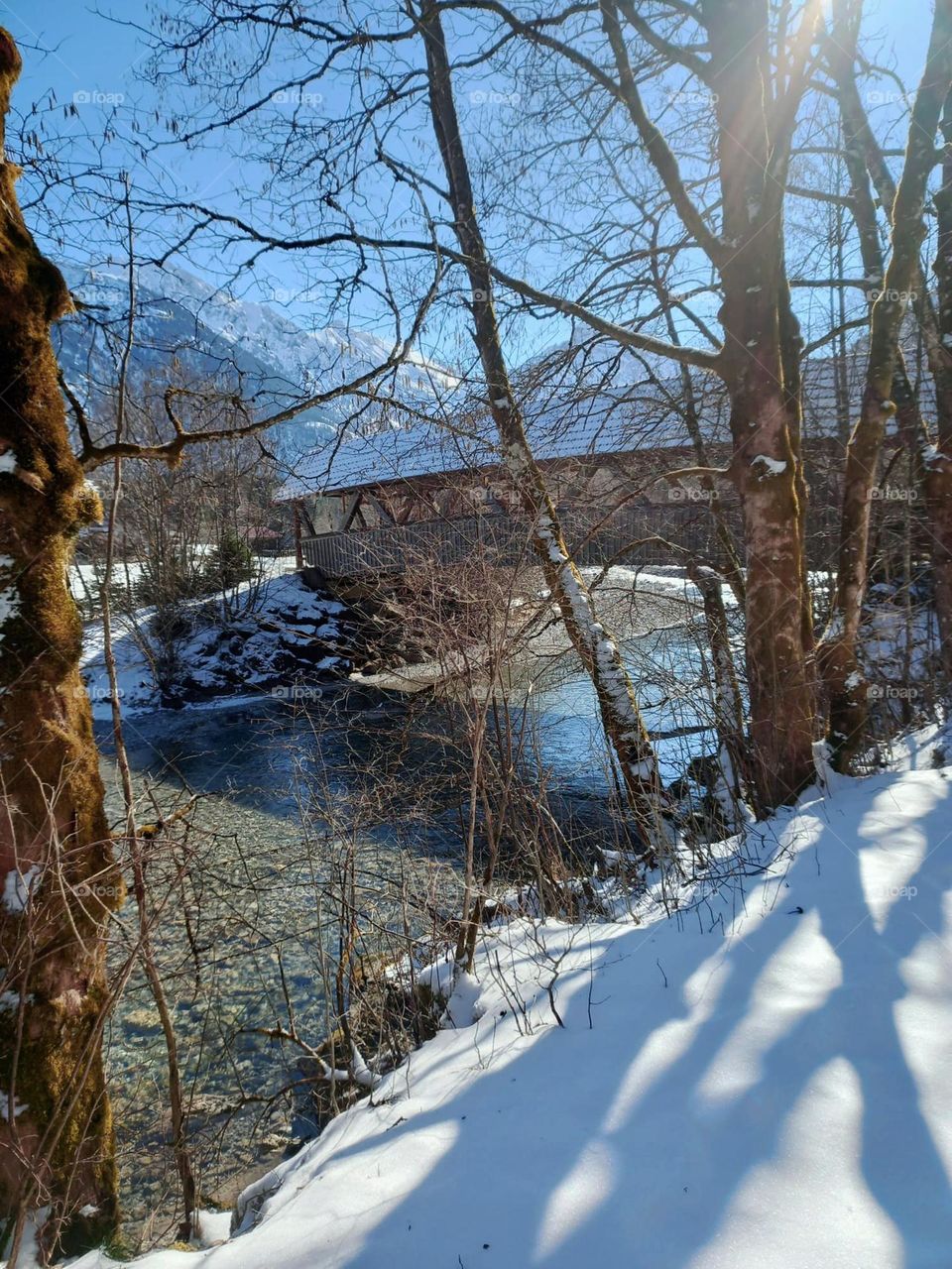 Bridge Over River in Alps