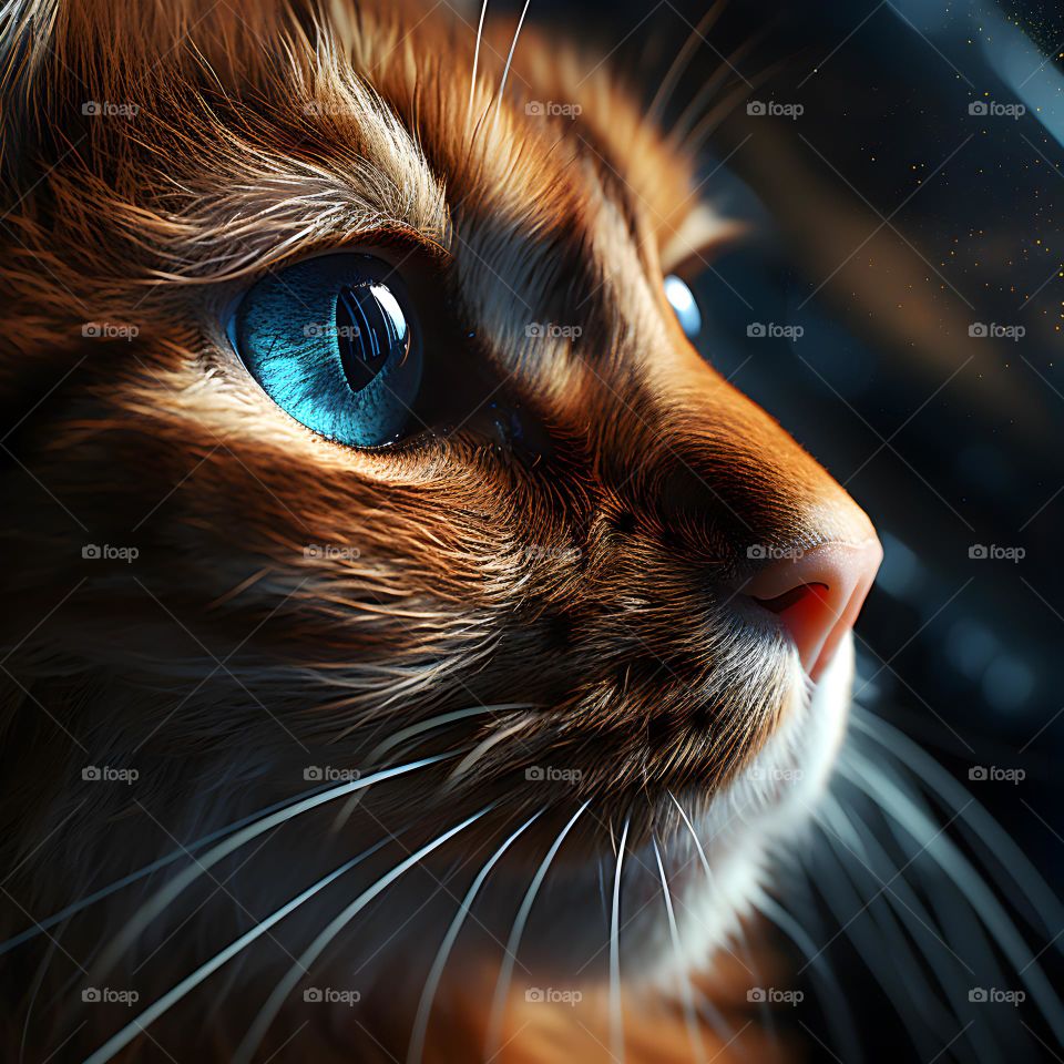 close up of a cat face with round eyes, in the style of vray tracing, photo-realistic techniques