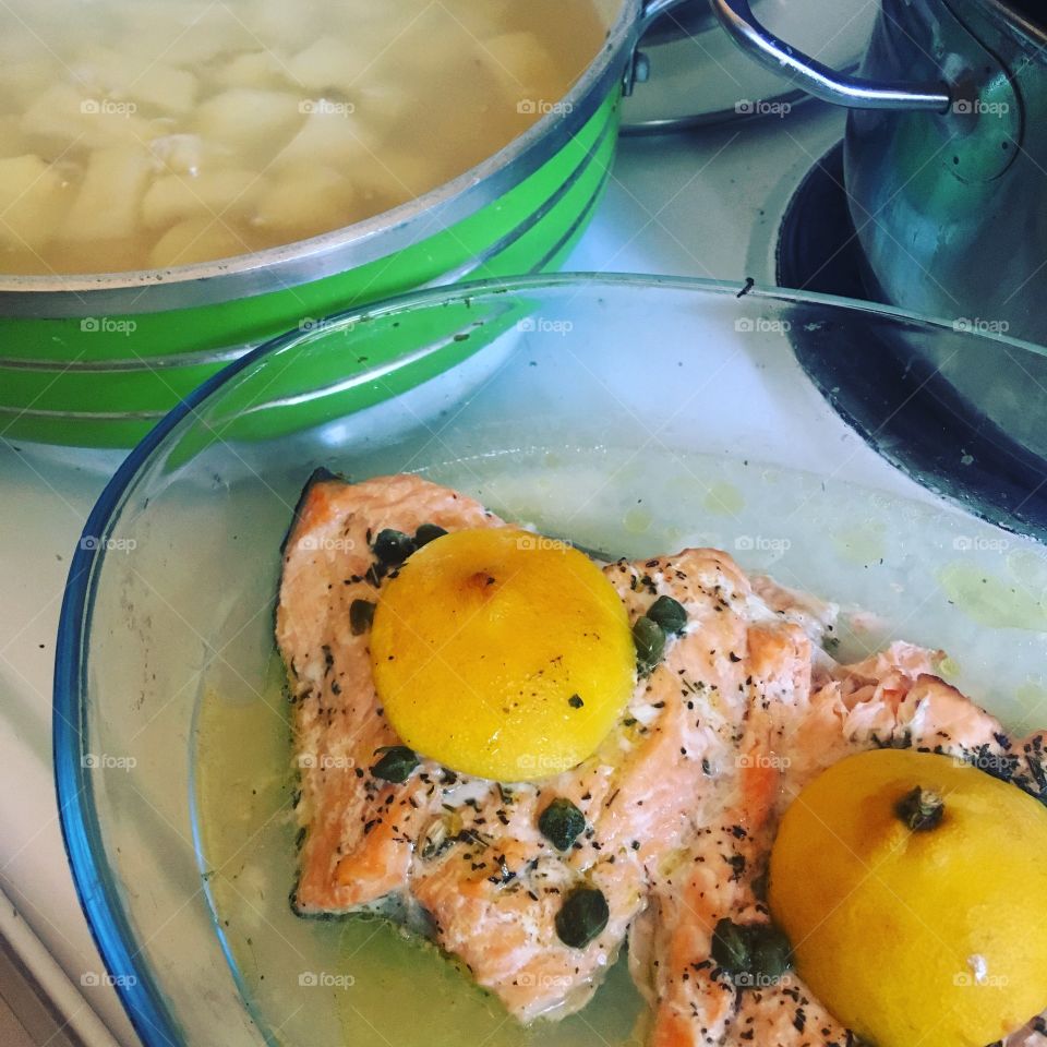 Fresh Market Salmon Baked with Capers and Lemon and boiled potatoes 
