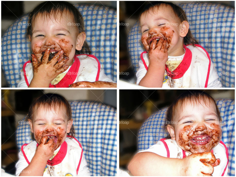 Be like the child & smile at the simple joys of life! This is a quartet of shots of my girl discovering her first chocolate covered mint cookie. The chocolate was mostly on her face & hands but the ear to ear grin on her face showed all the joy!๐