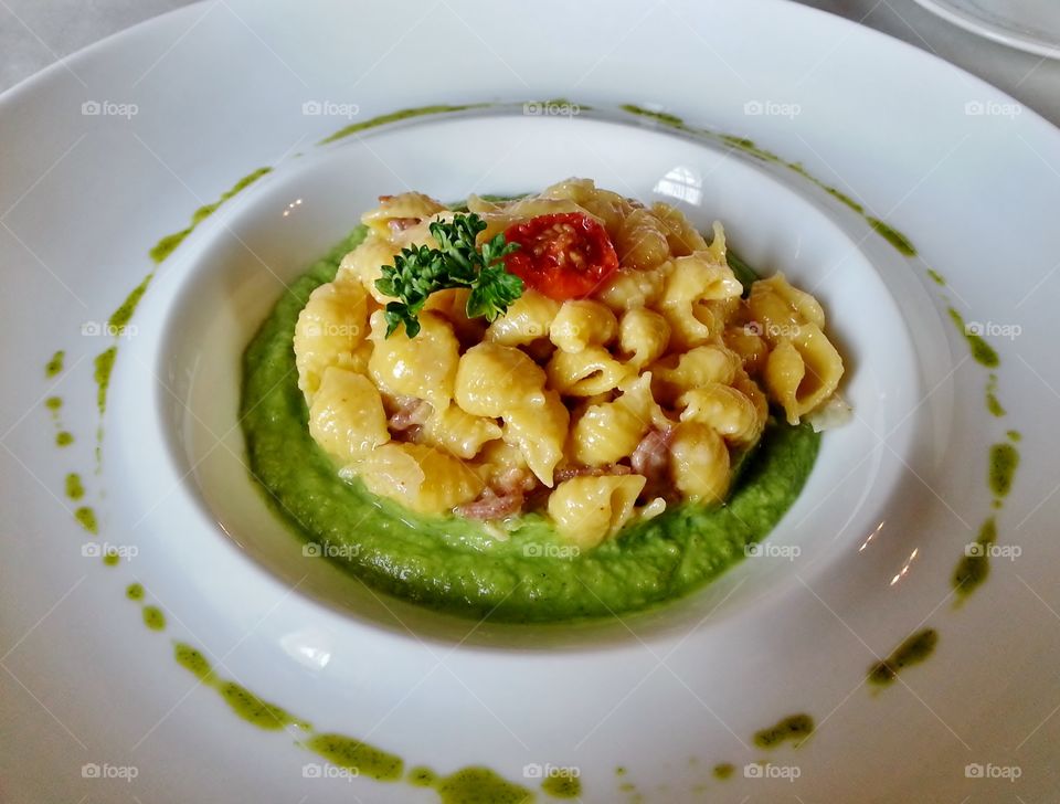 High angle view of pasta on plate