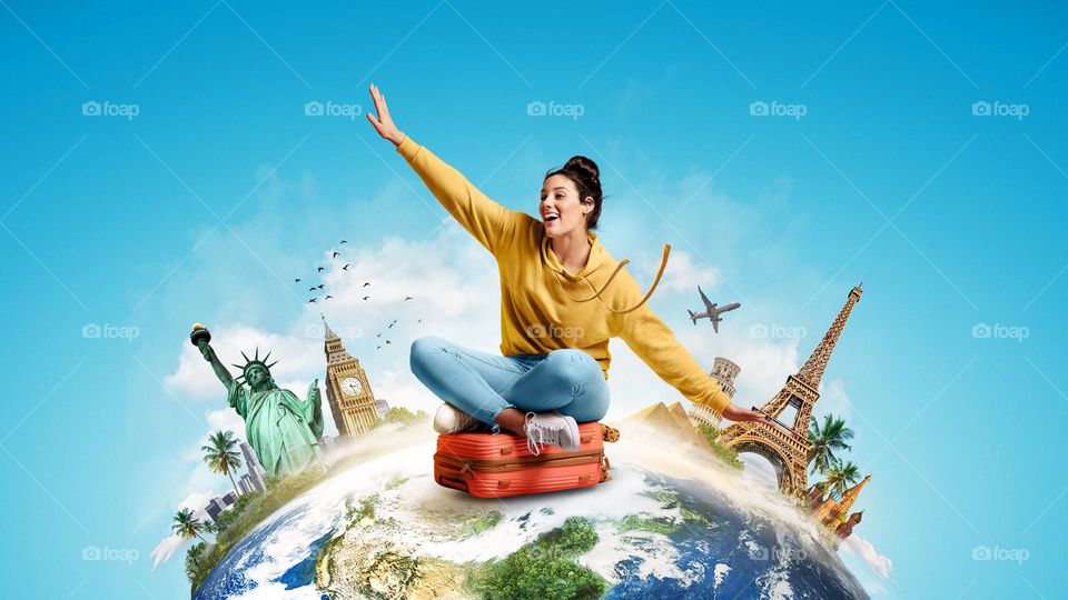 This stunning full shot travel concept photo takes you on a journey around the world, showcasing some of the most iconic landmarks and tourist destinations in the most captivating way. The image captures the grandeur and beauty of different cultures
