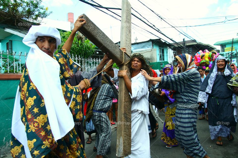 catholic reenact the death of jesus christ on good friday during holy week in cainta, rizal, philippines, asia