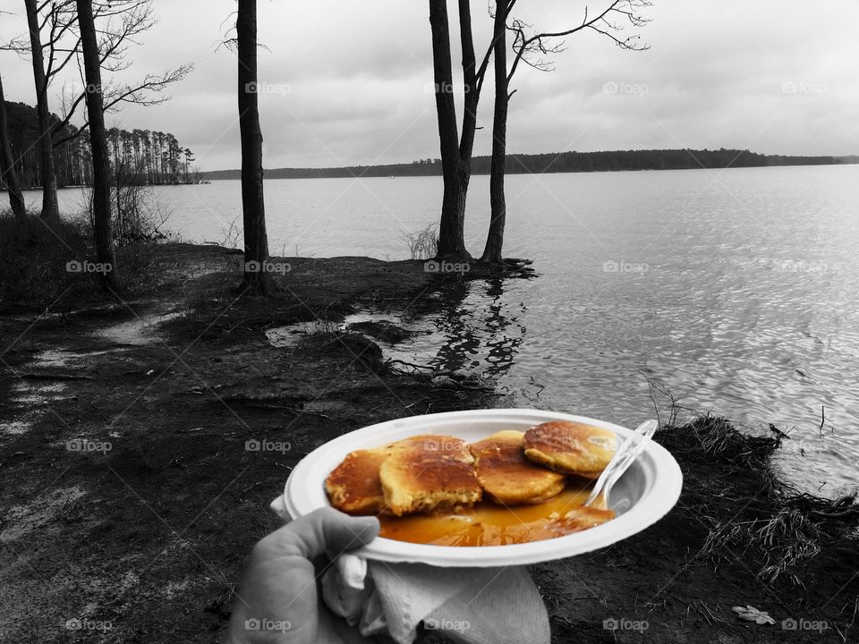 Pancake breakfast while camping at Jordan Lake near Apex North Carolina, Raleigh Triangle area. Color pop photo. 