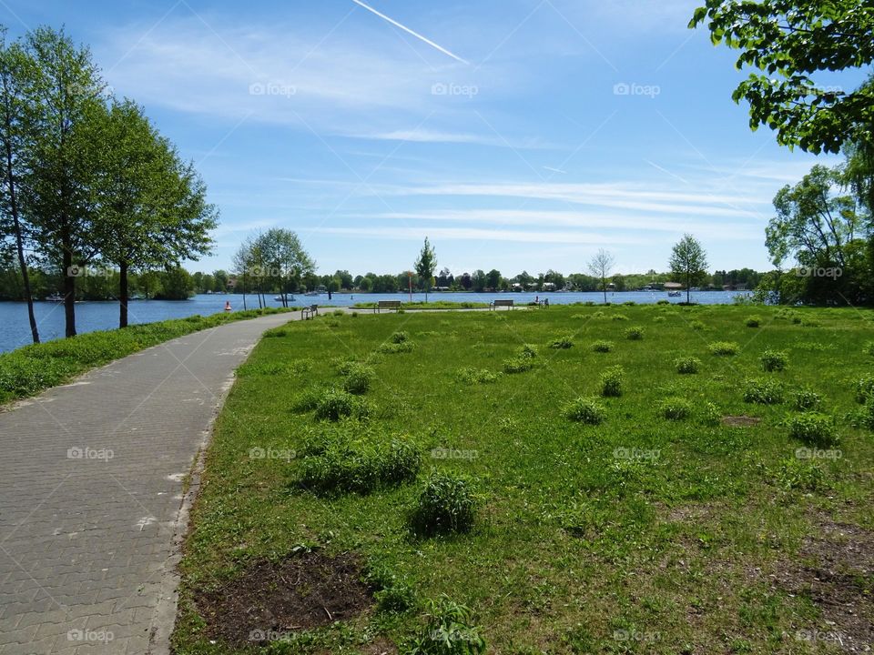 Ein Weg in einem Park mit einem See im Hintergrund