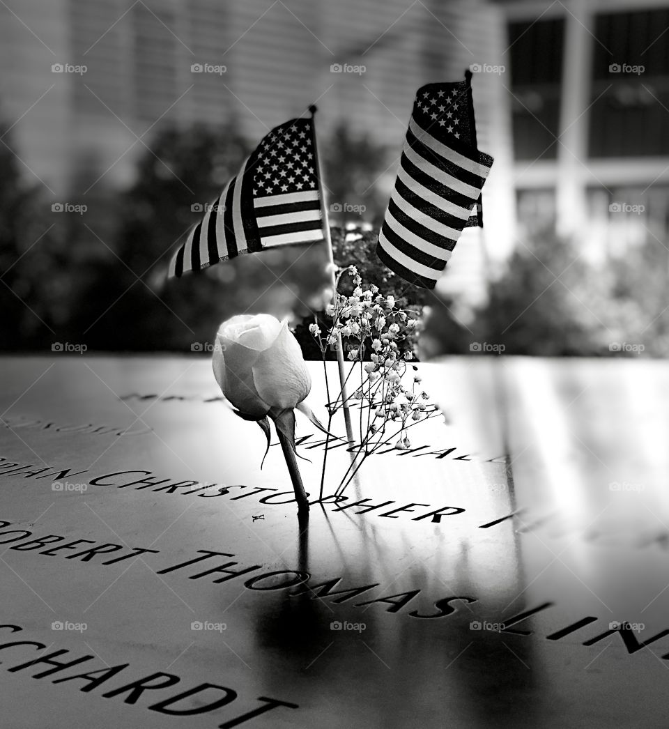 American Flags and a Rose at the 9/11 Memorial 
