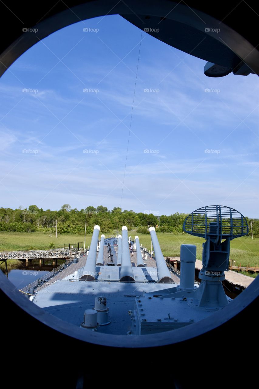 View through the window of a battle ship.