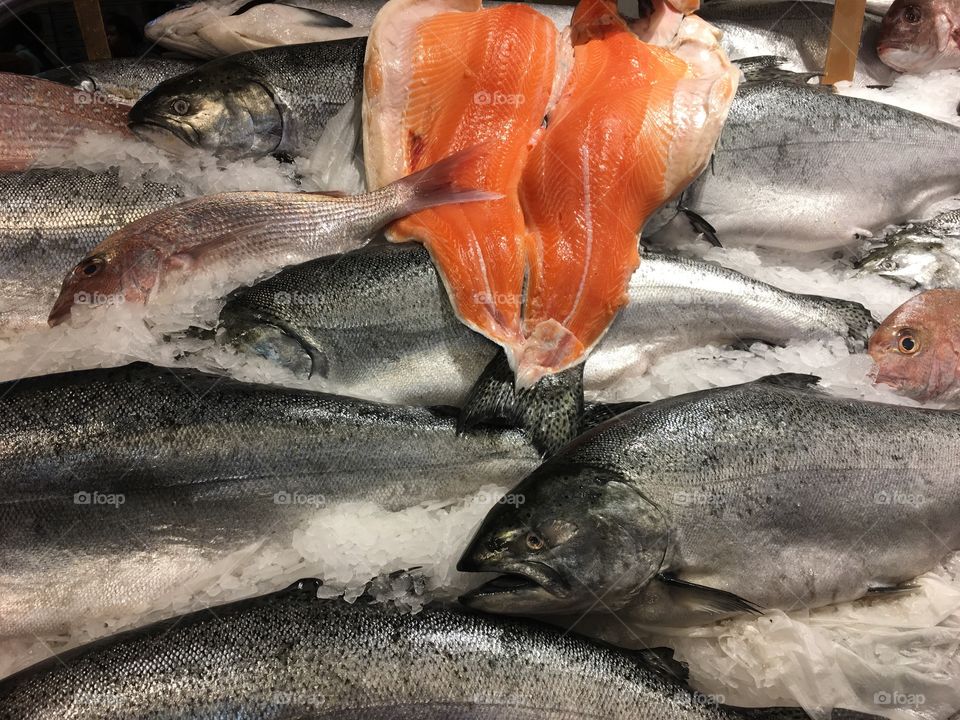 Close-up of salmon fish in market