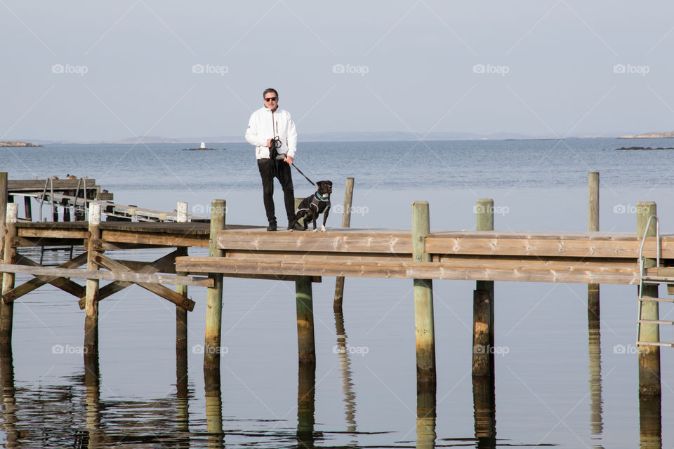 Walking the dog on wooden pier by the ocean in sunny weather 