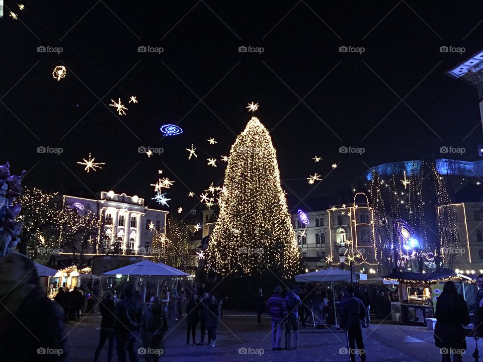 Illumanted christmas tree at night