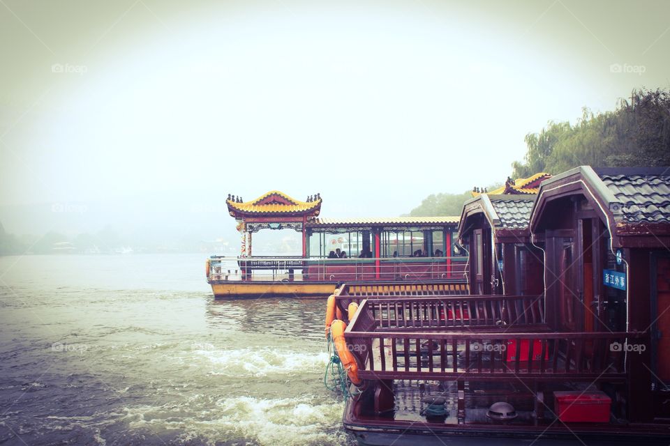 Beautiful boats. Scenic lake. 