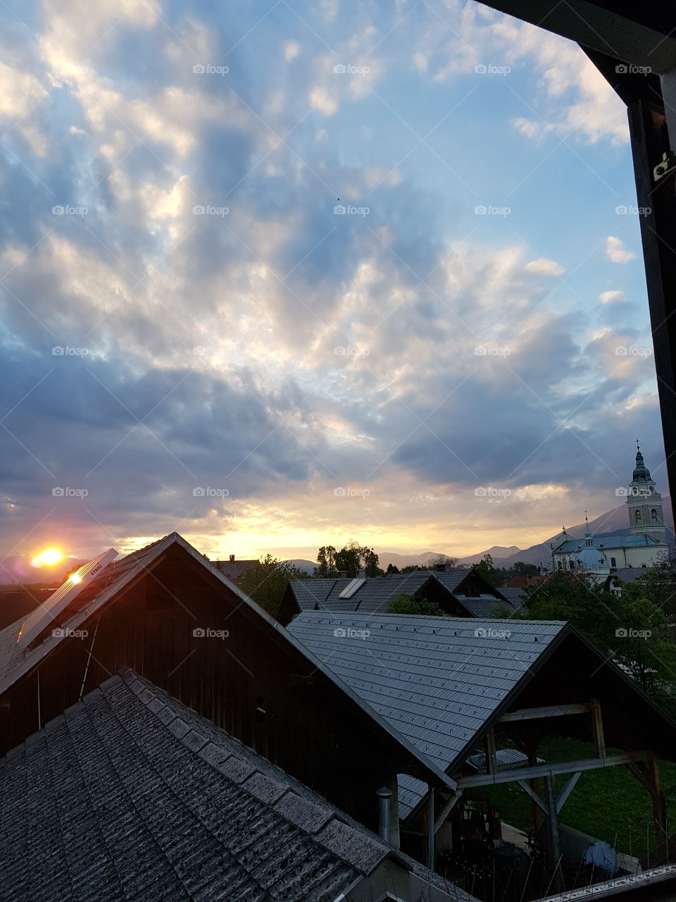 sunset overlooking the church in Brezje