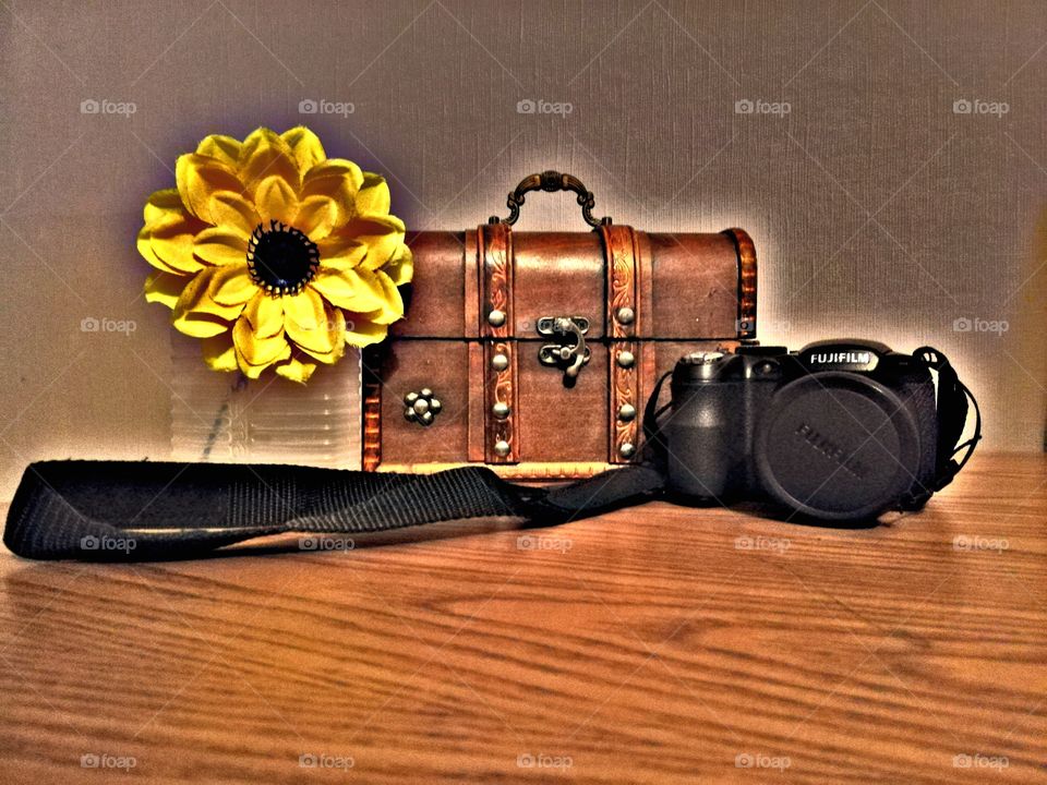 a camera and a treasure box complemented by a beautiful sunflower