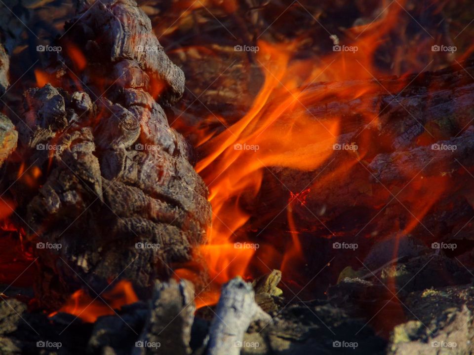 brennendes Holz und Asche