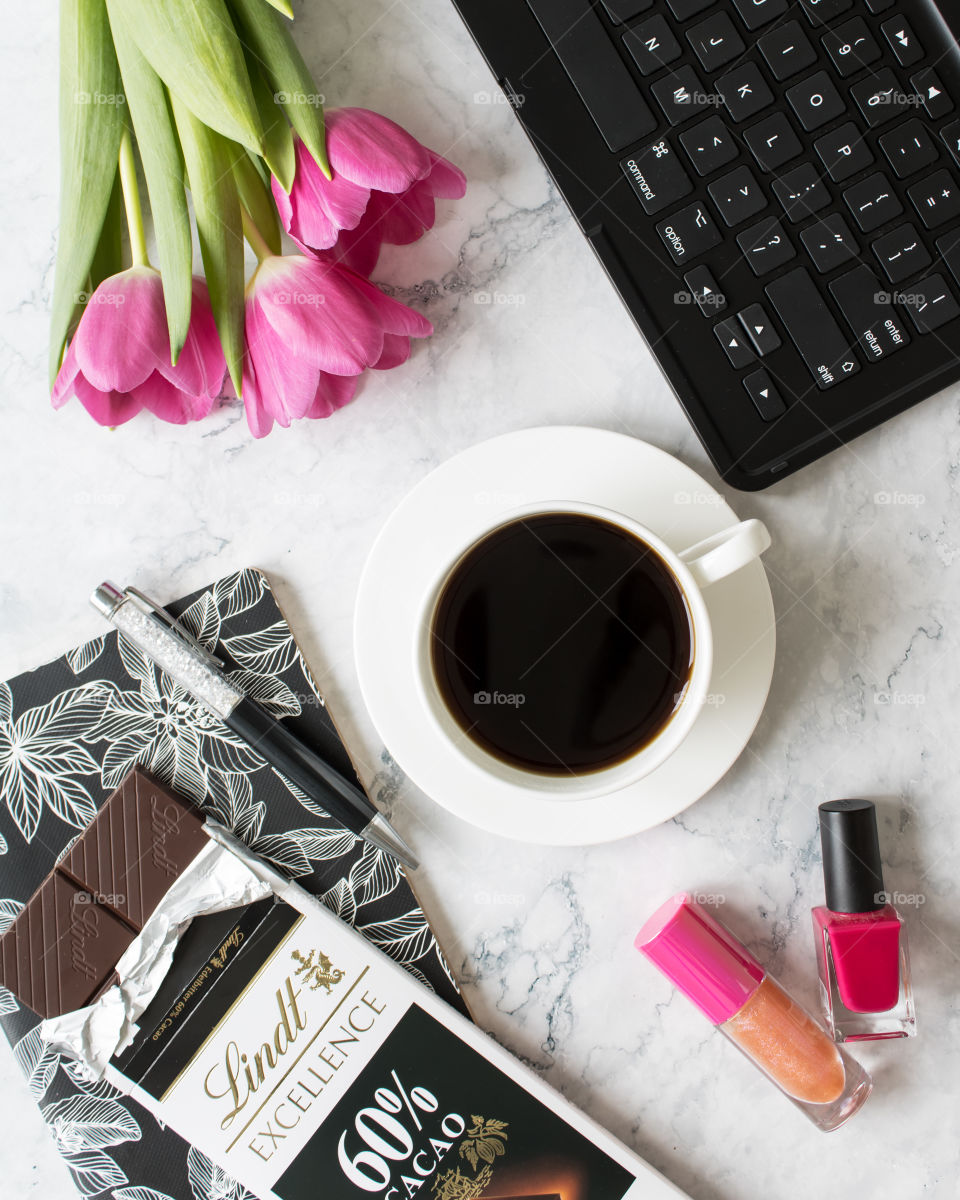 Coffee flatlay business lady working day