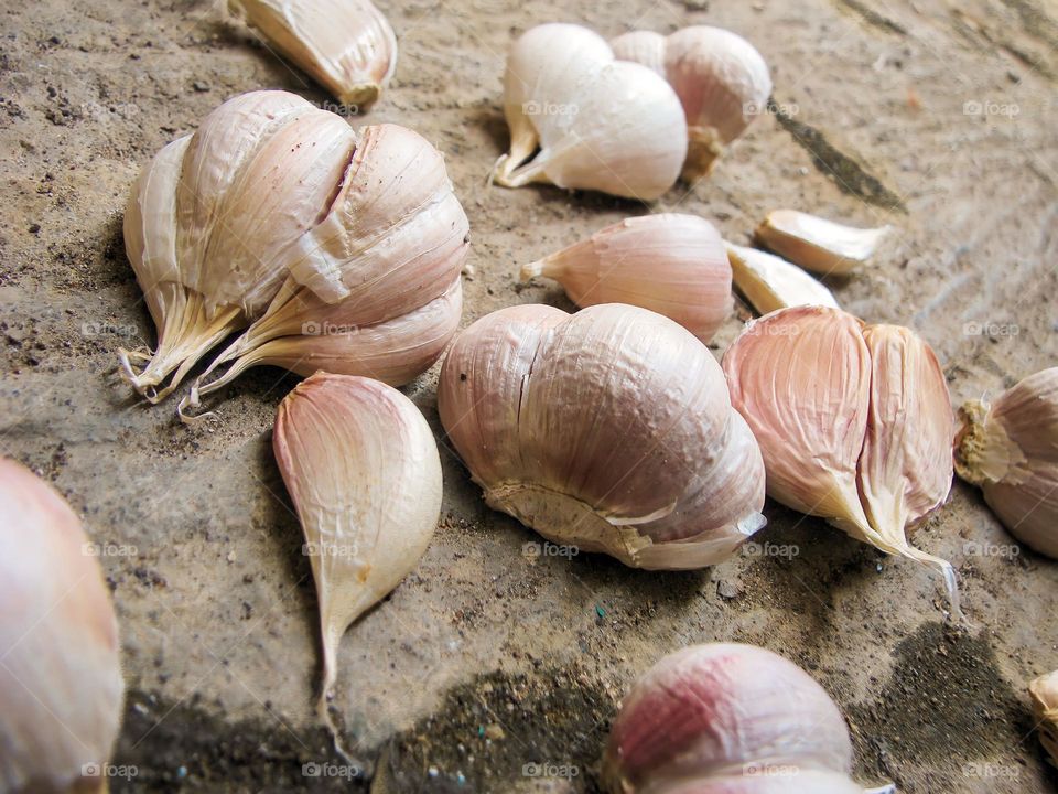 Close-up of raw garlic on the ground