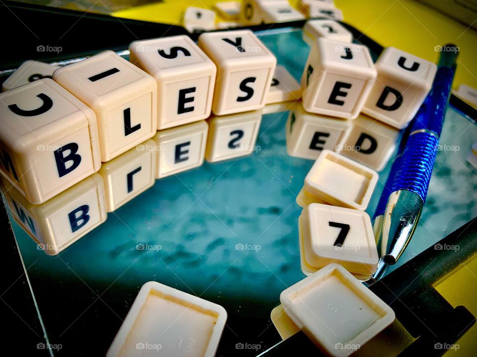 BLESSED Lettering With Educational Cubes Reflecting On A Mirror Outside, Greetings.