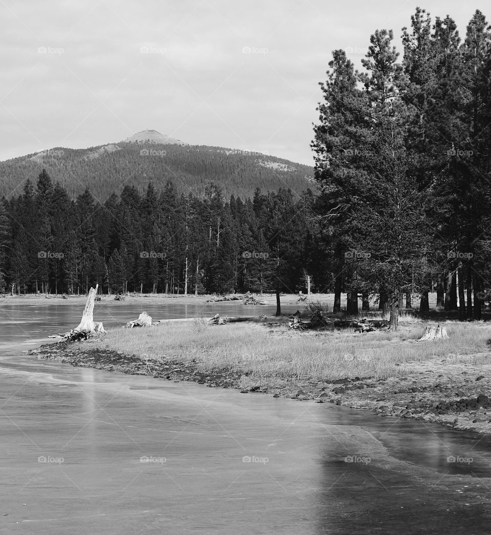 The shores of frozen over Thompson Reservoir in Southern Oregon with a butte in the background on a cold winter day. 