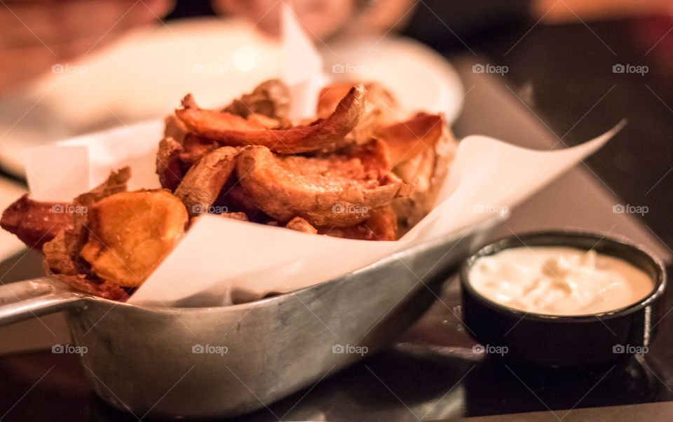 French Fries Served On Metallic Scoop With Mayonnaise
