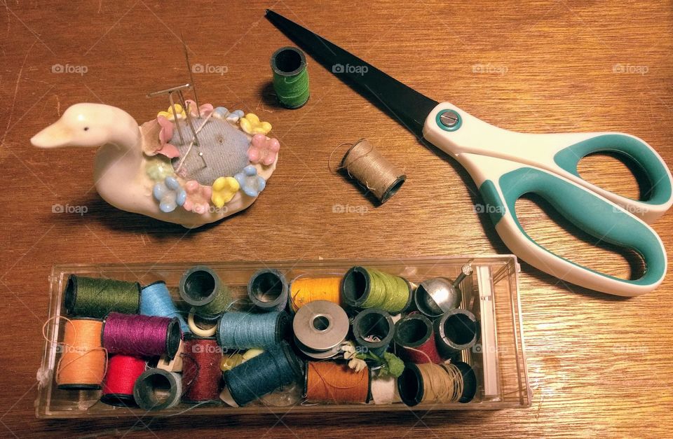 sewing supplies flat lay