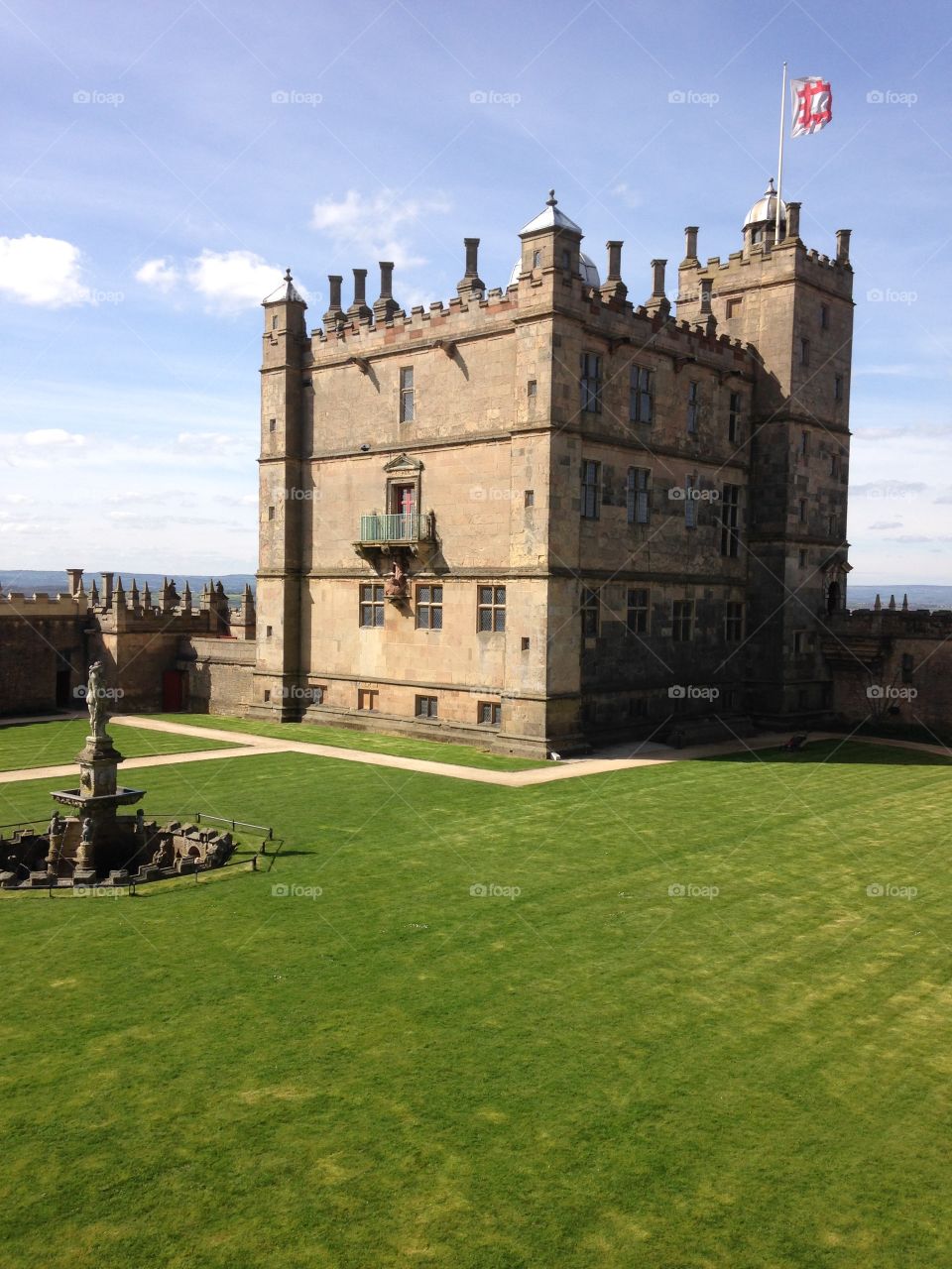 Bolsover Castle with front lawn and fountain, near Chesterfield in Derbyshire 