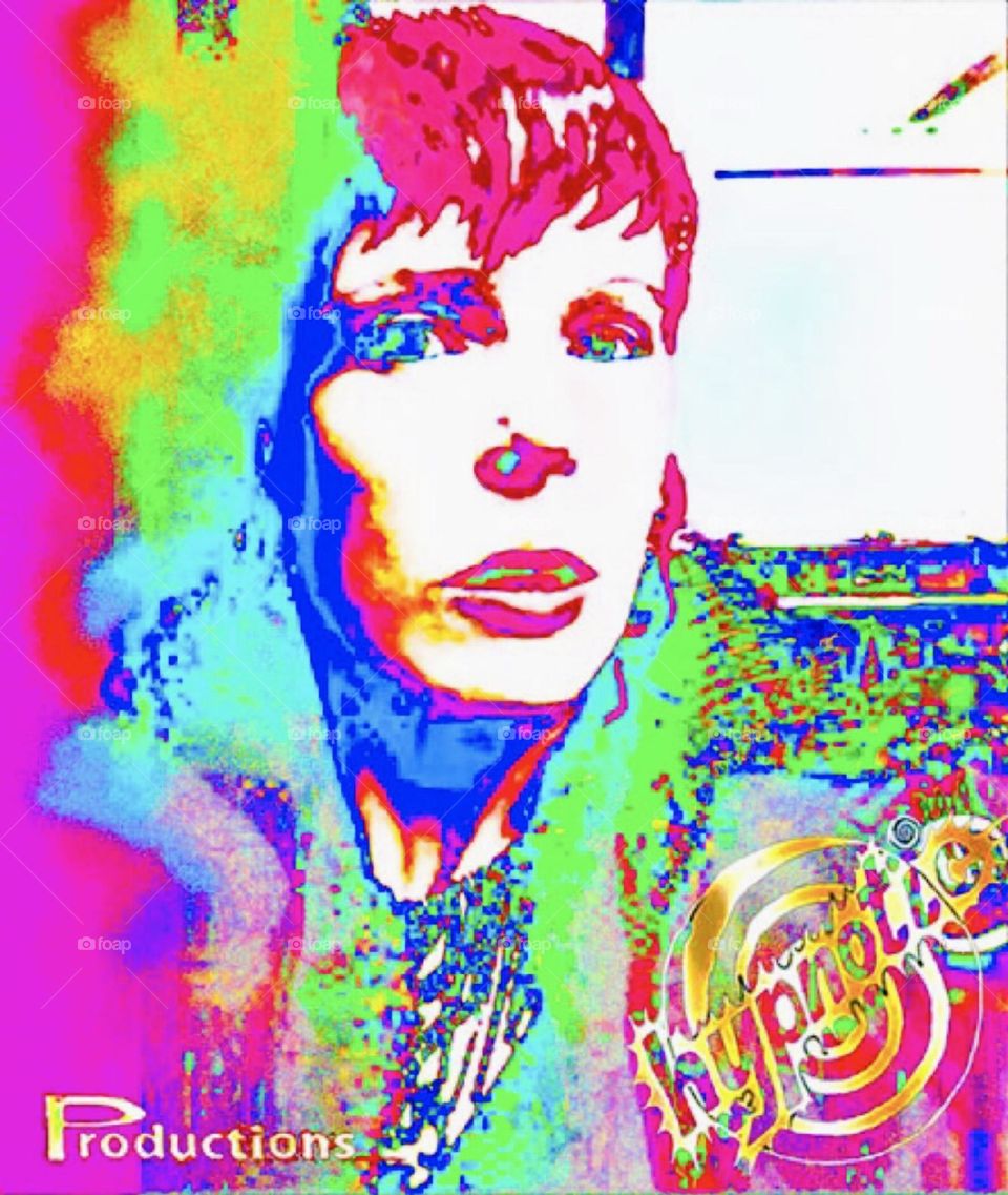 A posterized self portrait photo with my company logo for “hypnotic Productions” in gold overlaid on it. An animated version of the spiral “hypnotic” logo simulates a flag imprinted with it moving of which this is a still. 2005. Hypnotic Productions