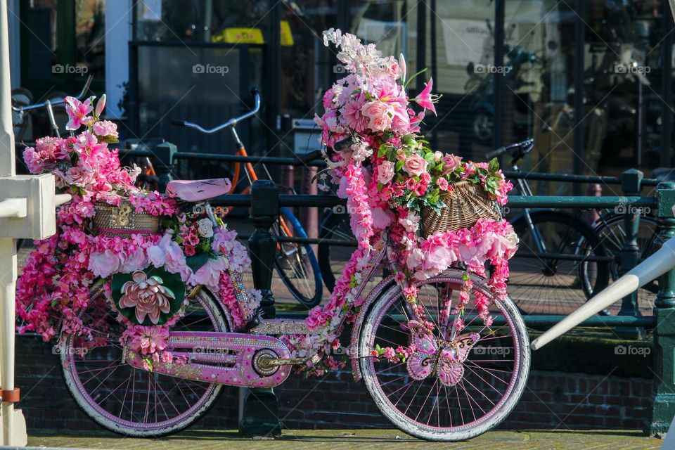 Bike with flowers, spring time in Amsterdam.
