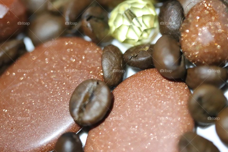 Semi-precious stones and coffee beans