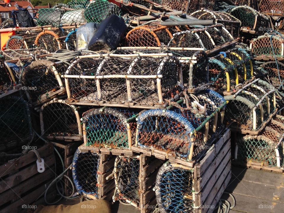 Whitby lobster pots. Colorful lobster pots on Whitby quay