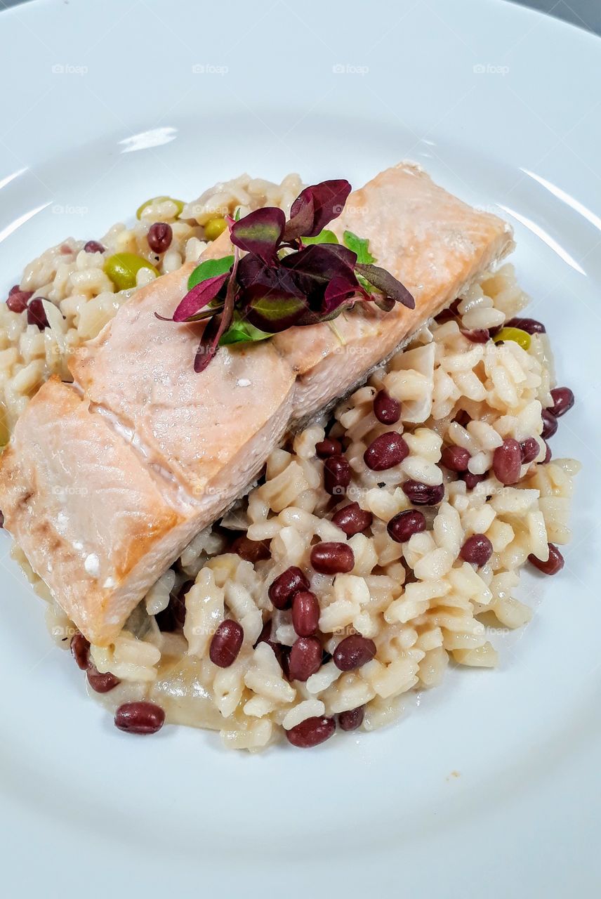 Poached Salmon on a Bean Risotto