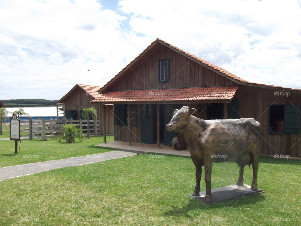 cow sculpture house in back