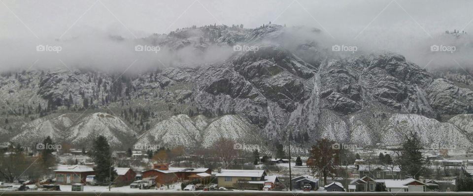 Winter mountain community scene.