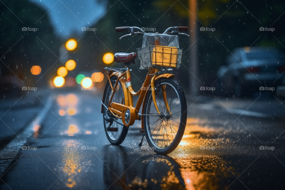 Lonely yellow bike on the rain