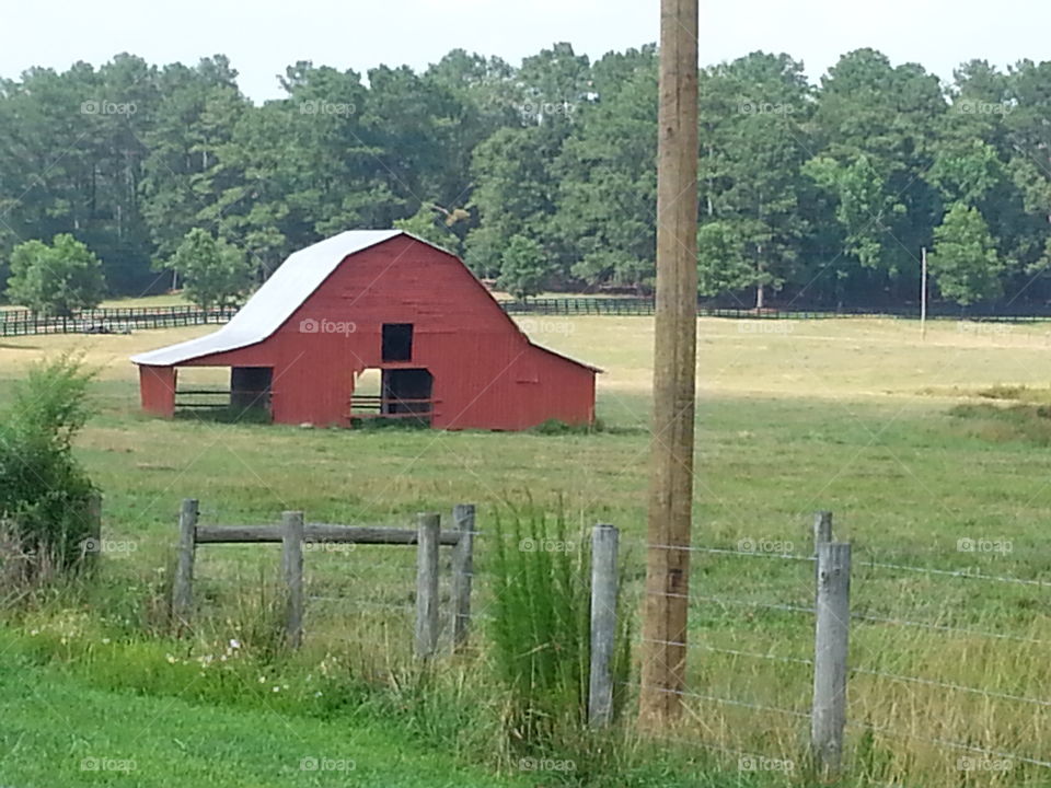 Pasture and a red barn .