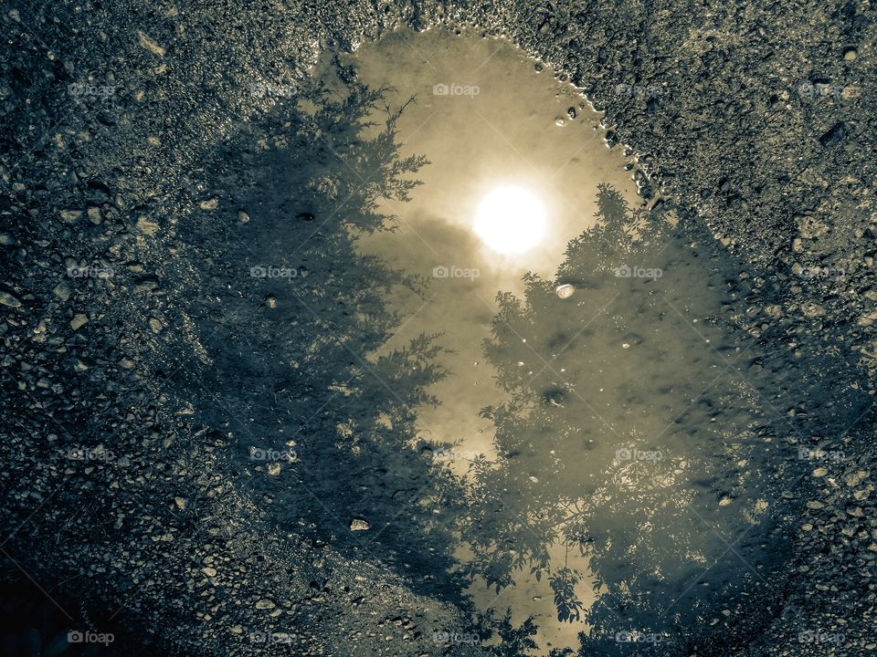 Moon reflected in a rain puddle on a rock road