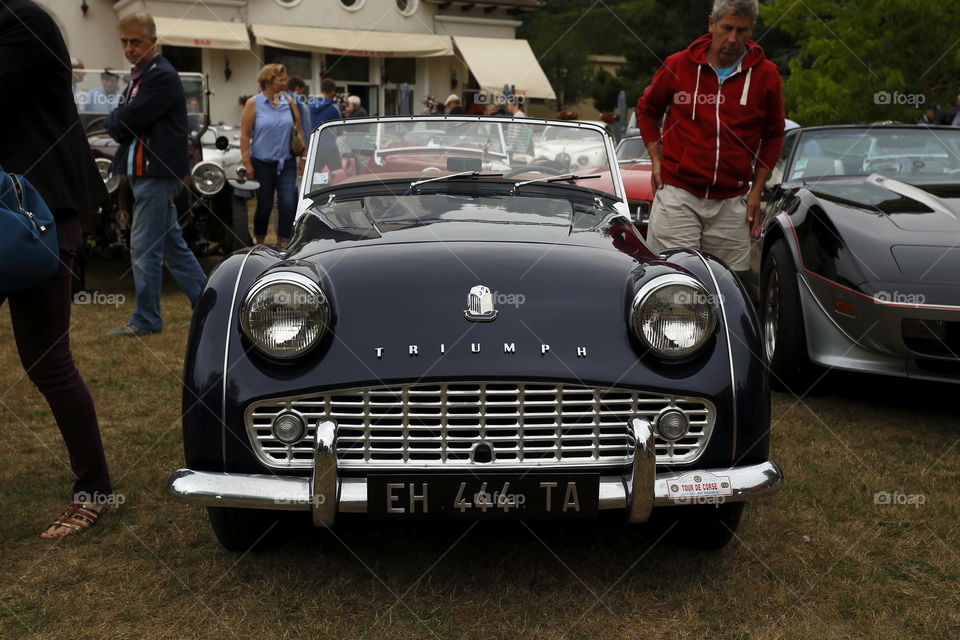 Front view of classic vintage car  Triumph TR3A  at vintage car owner exhibition - Le Touquet France. Model produced between 1952 to 1962