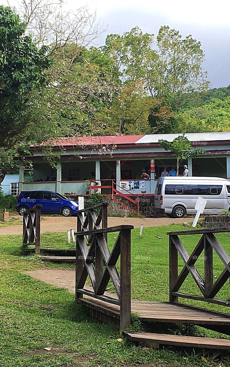 Getting ready to go out on a zip line adventure in the mountain rainforest of St. Kitts.  This was our starting point. 