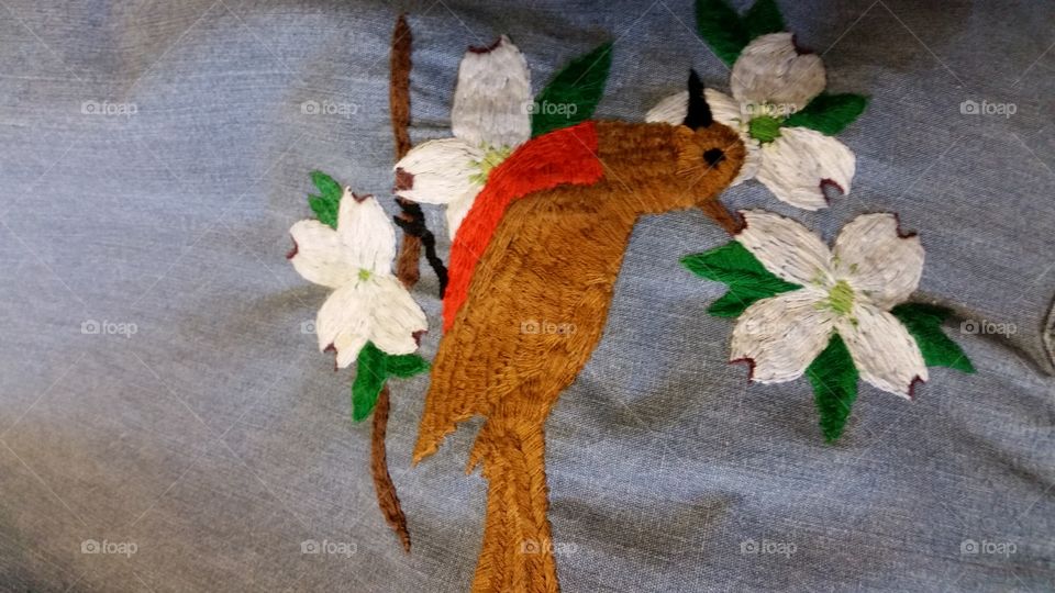 Embroidered Robin with Dogwood flowers on denim 1970's