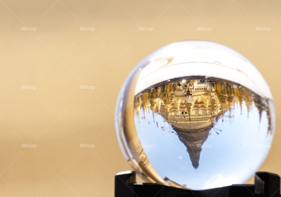 Rangoon/Myanmar-April 14 2019:beautiful Reflection of Shwedagon Pagoda inside crystal ball 