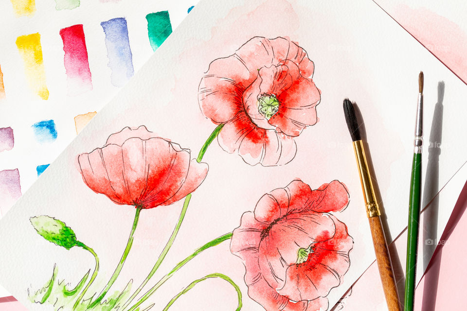 Watercolor painting of red poppies