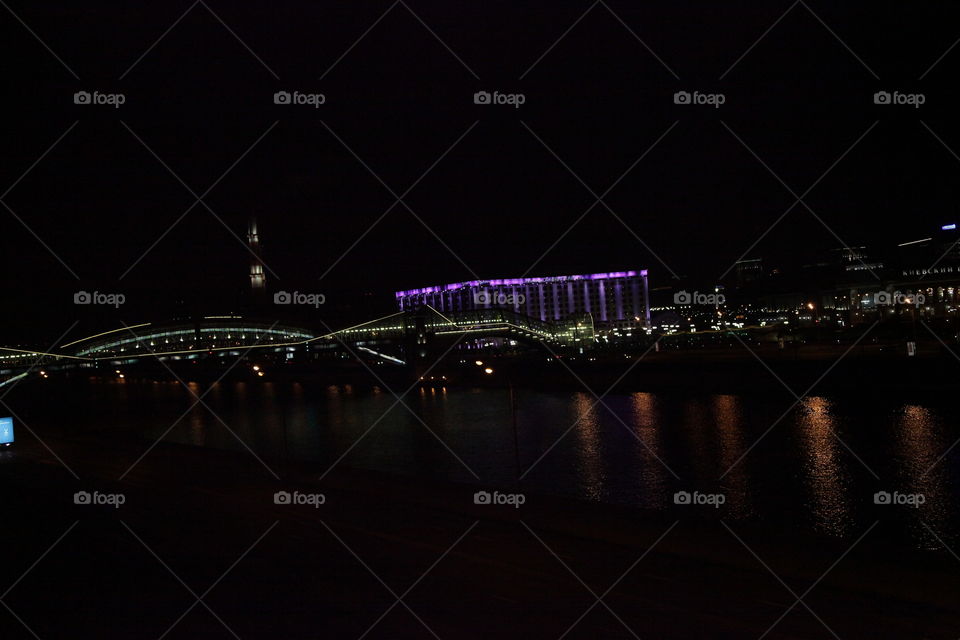 Berth, sunset, river,  Moscow, city, night city, Moscow does not sleep