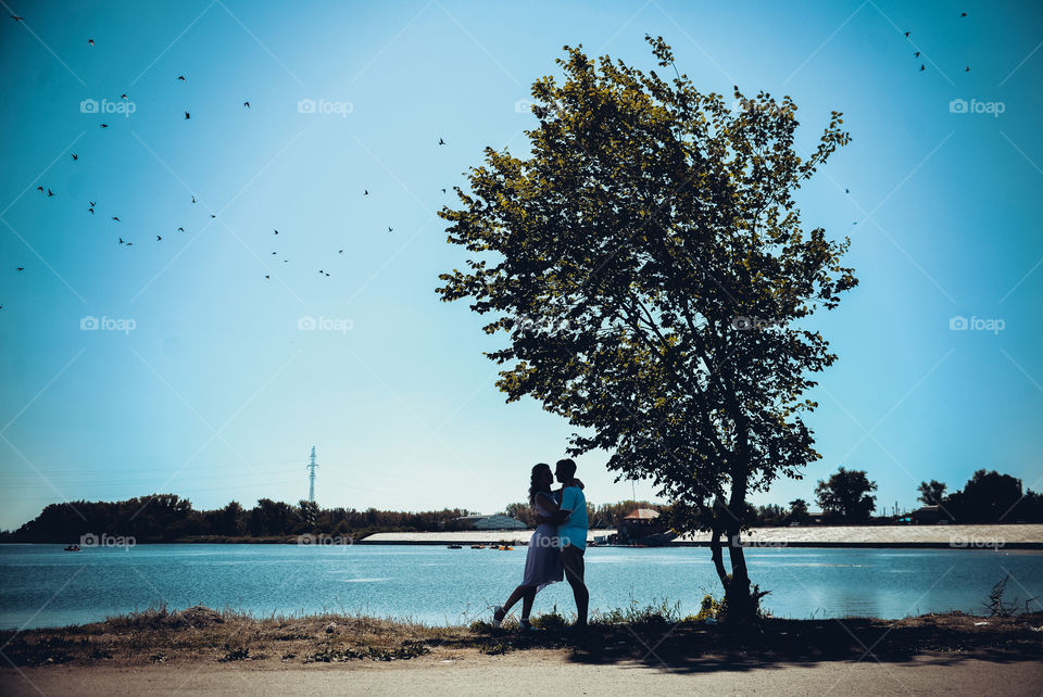 силует парень с девушкой обменялись у реки под деревом и летающие птицы