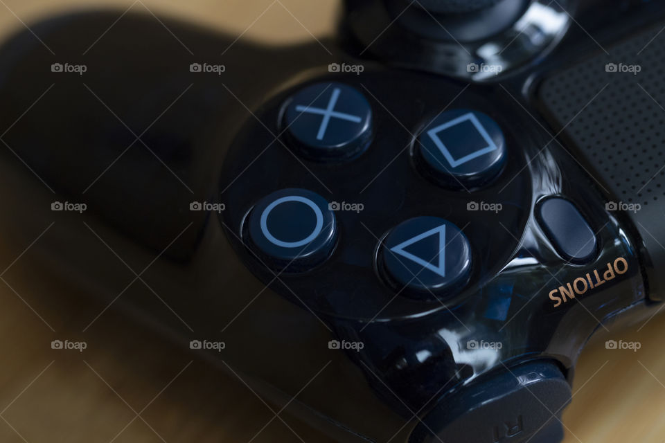 The circular buttons on a PlayStation controller. A controller ready to start gaming.